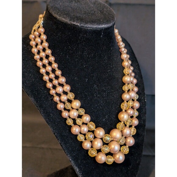 Vtg Gorgeous Champagne 3 Strand Bead Beaded Necklace 17.25"long Estate Chunky - Picture 5 of 6